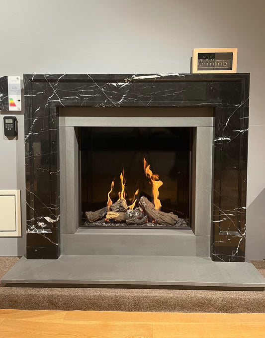 Allora Mantel in Nero marble featuring 73H appliance, Persian grey slip set and hearth